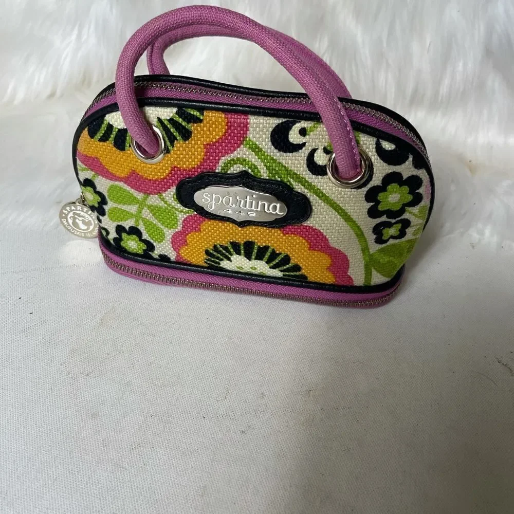 Spartina 449 Daufuskie Island multi color linen with black leather trim handbag.